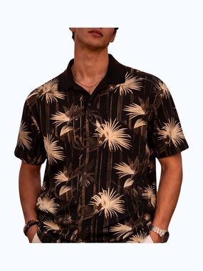 Hawaiian Black Palm-Print Short-Sleeve Polo XL100% Cotton Made in India Beac